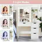 White Makeup Vanity Desk with Mirror and Lights - 15.2D x 35.4W x 55.1H