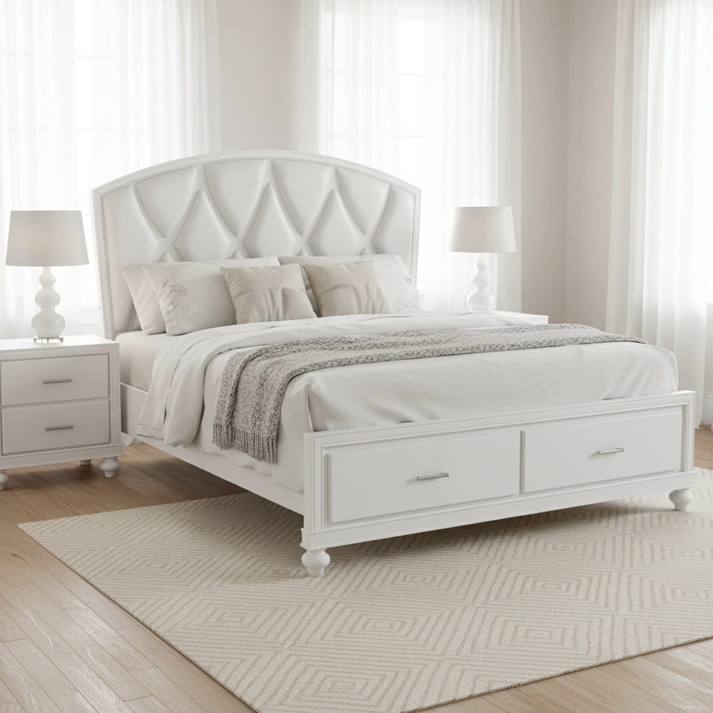 Russ Queen Platform Bed, LED Accents, Silver Faux Leather Upholstery, White