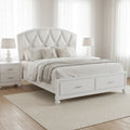 Russ Queen Platform Bed, LED Accents, Silver Faux Leather Upholstery, White