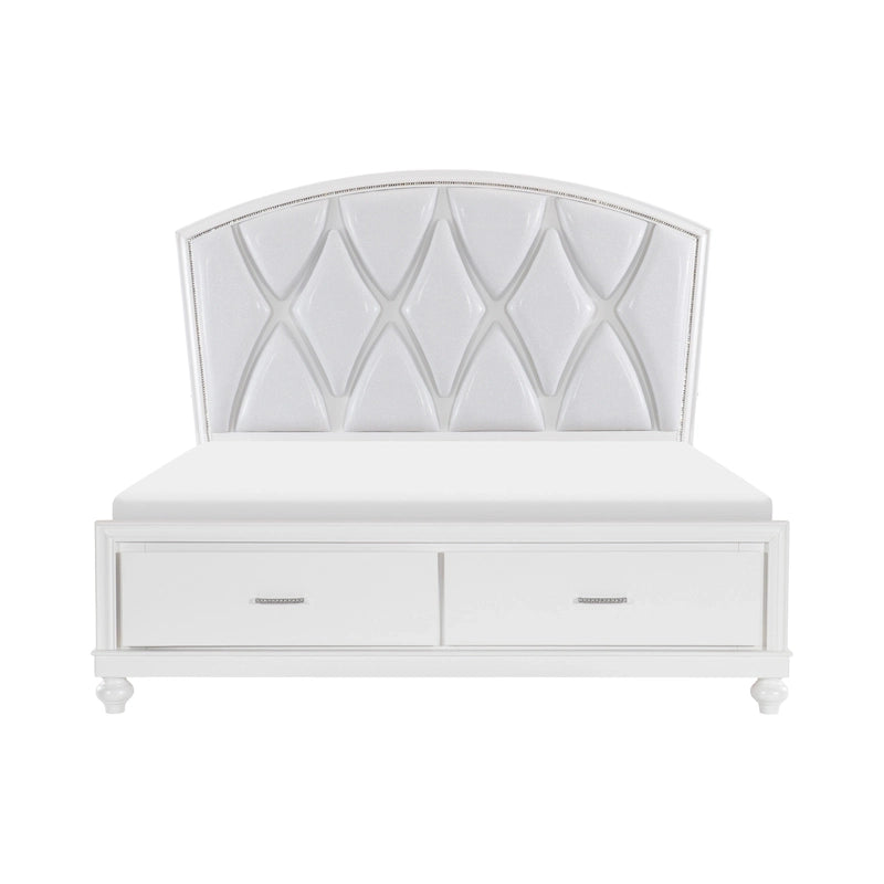 Russ Queen Platform Bed, LED Accents, Silver Faux Leather Upholstery, White
