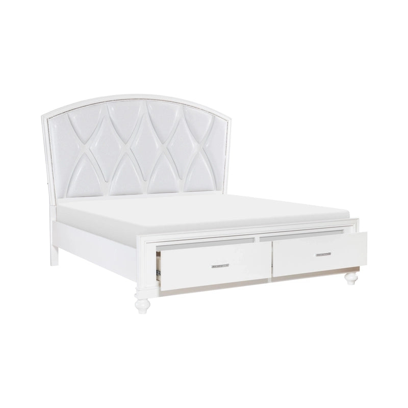 Russ Queen Platform Bed, LED Accents, Silver Faux Leather Upholstery, White