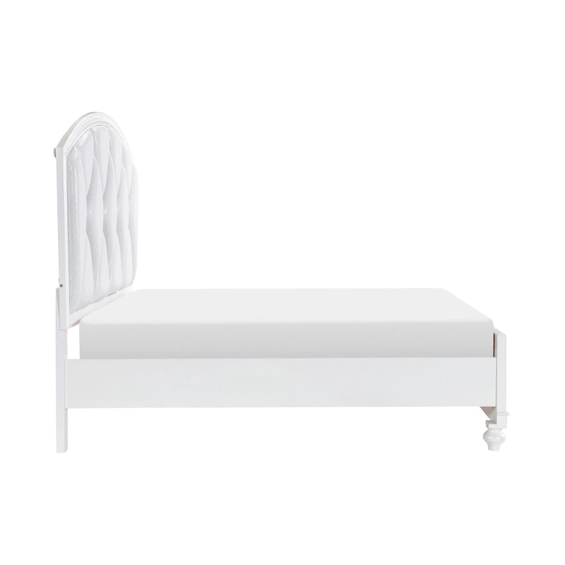 Russ Queen Platform Bed, LED Accents, Silver Faux Leather Upholstery, White