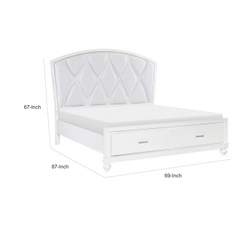 Russ Queen Platform Bed, LED Accents, Silver Faux Leather Upholstery, White