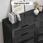 Anmytek Modern Black 6-Drawer Double Dresser for Bedroom Wood Rattan Chest of Drawers