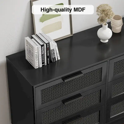 Modern Black 6-Drawer Double Dresser, Wood Rattan Chest of Drawers