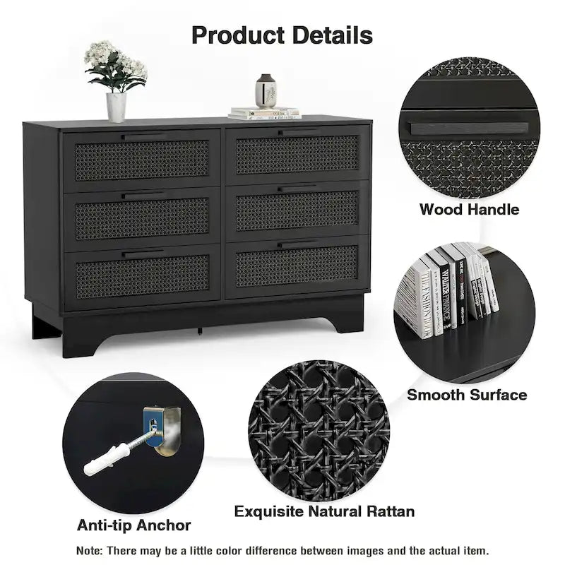 Anmytek Modern Black 6-Drawer Double Dresser for Bedroom Wood Rattan Chest of Drawers