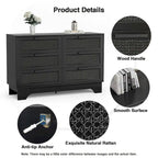 Anmytek Modern Black 6-Drawer Double Dresser for Bedroom Wood Rattan Chest of Drawers