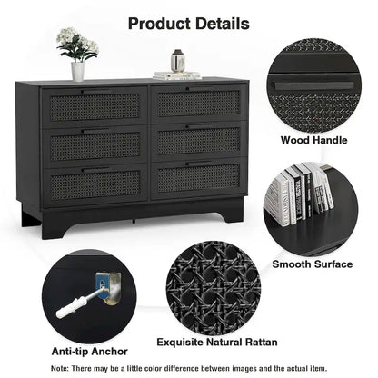 Modern Black 6-Drawer Double Dresser, Wood Rattan Chest of Drawers