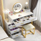 Makeup Vanity Desk with Stool and LED Mirror, Modern Makeup Table Vanity Desk with 6 Storage Drawers