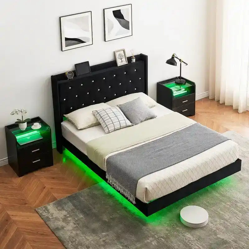 Full Size Floating Bed Frame with LED Lights