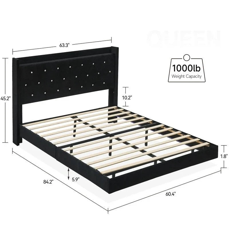 Full Size Floating Bed Frame with LED Lights, No Box Spring Needed
