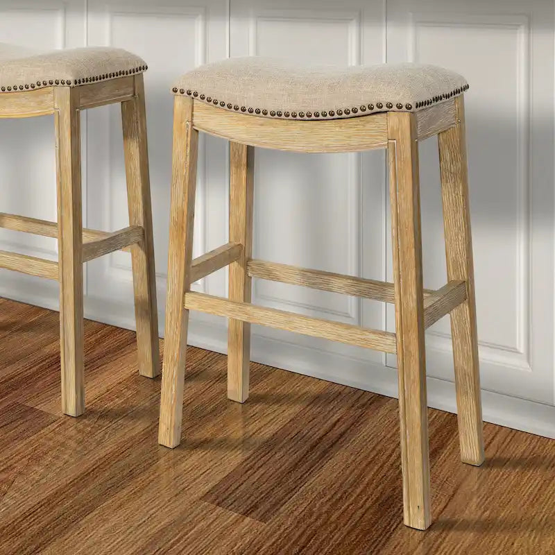 Saddle-Seat Wood Bar Stool with Upholstered Seat, Nailhead Trim