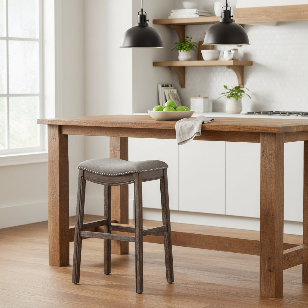 Sadie Saddle-Seat Wood Bar Stool with Upholstered Seat