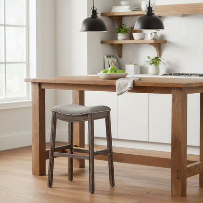 Saddle-Seat Wood Bar Stool with Upholstered Seat, Nailhead Trim