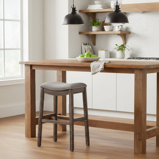 Saddle-Seat Wood Bar Stool with Upholstered Seat, Nailhead Trim