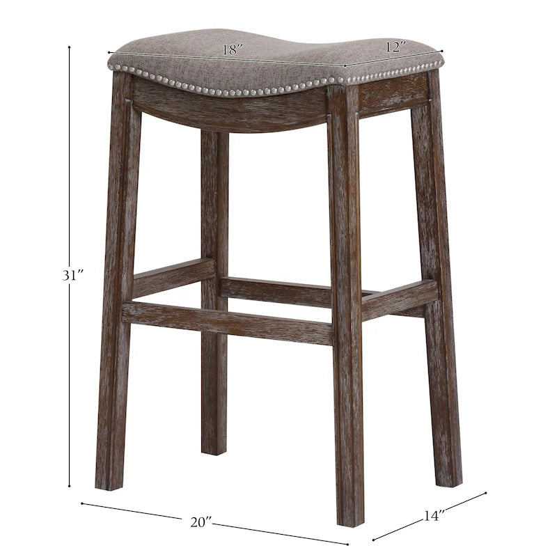 Saddle-Seat Wood Bar Stool with Upholstered Seat, Nailhead Trim