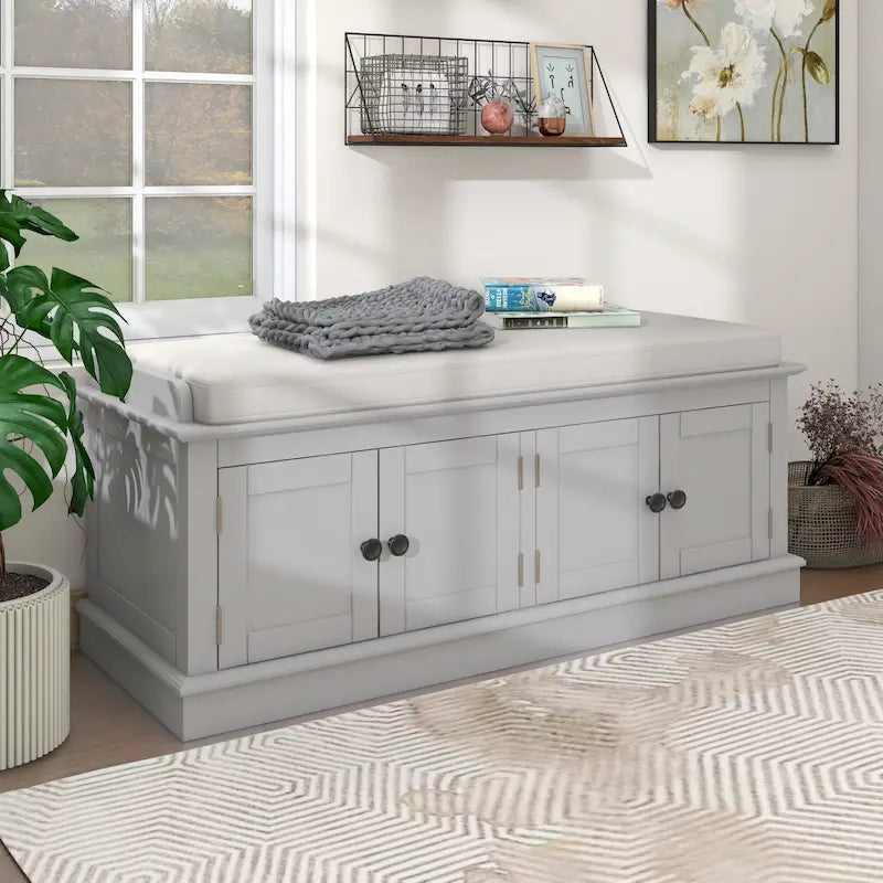 Storage Shoes Bench with 4 Doors and Adjustable Shelves, Removable Cushion