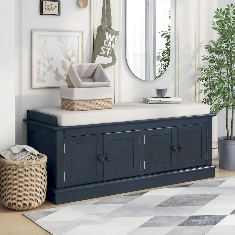Storage Shoes Bench with 4 Doors and Adjustable Shelves, Removable Cushion