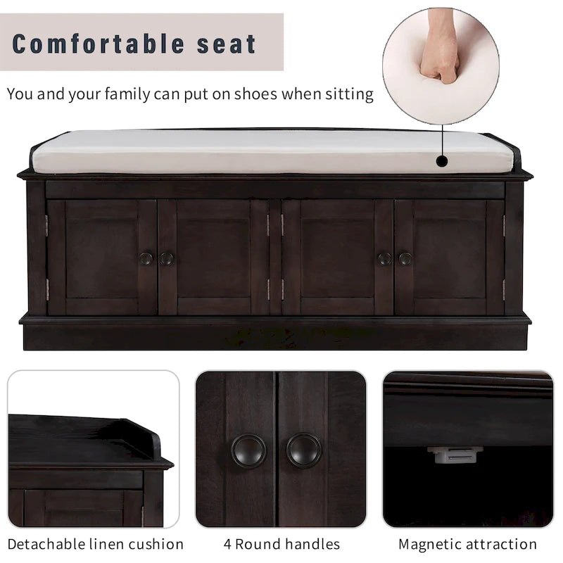 Storage Shoes Bench with 4 Doors and Adjustable Shelves, Removable Cushion