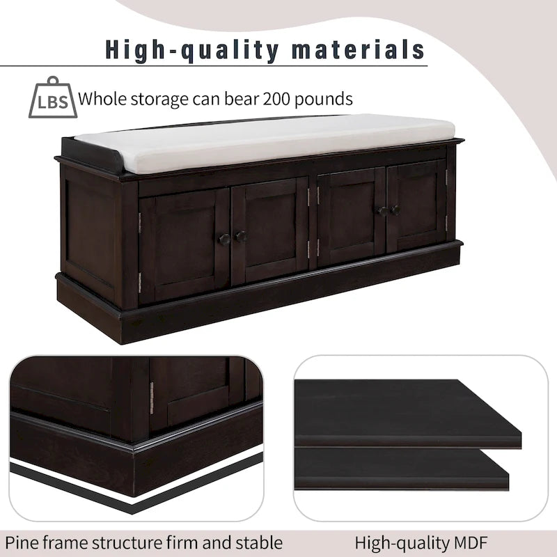 Storage Shoes Bench with 4 Doors and Adjustable Shelves, Removable Cushion