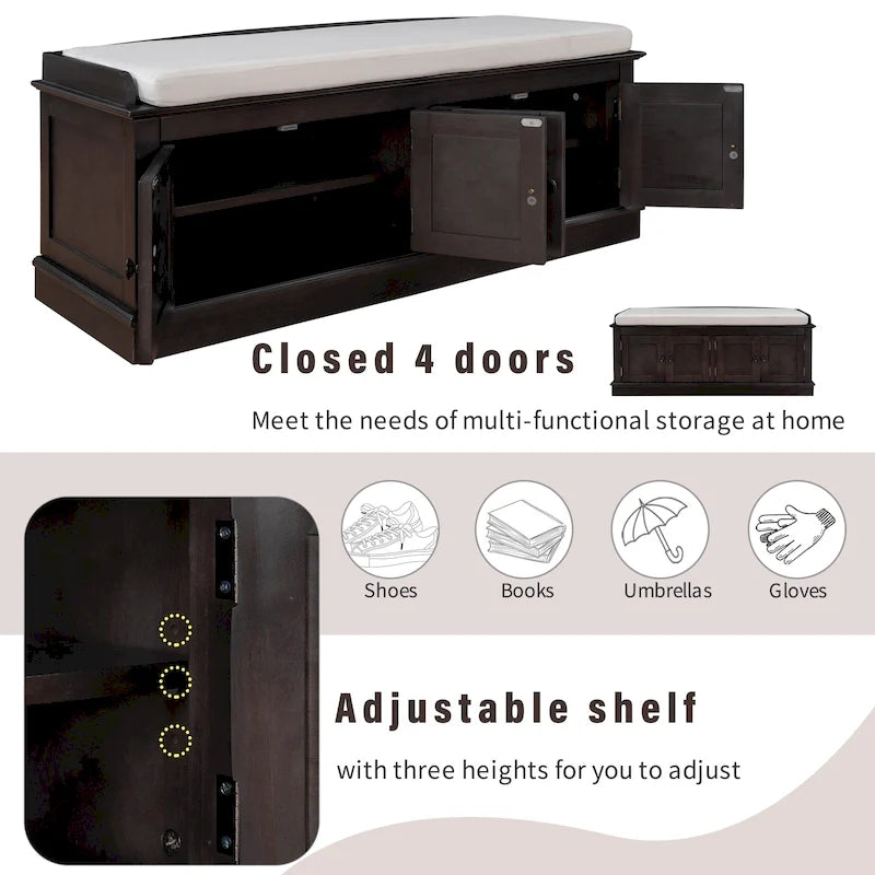 Storage Shoes Bench with 4 Doors and Adjustable Shelves, Removable Cushion