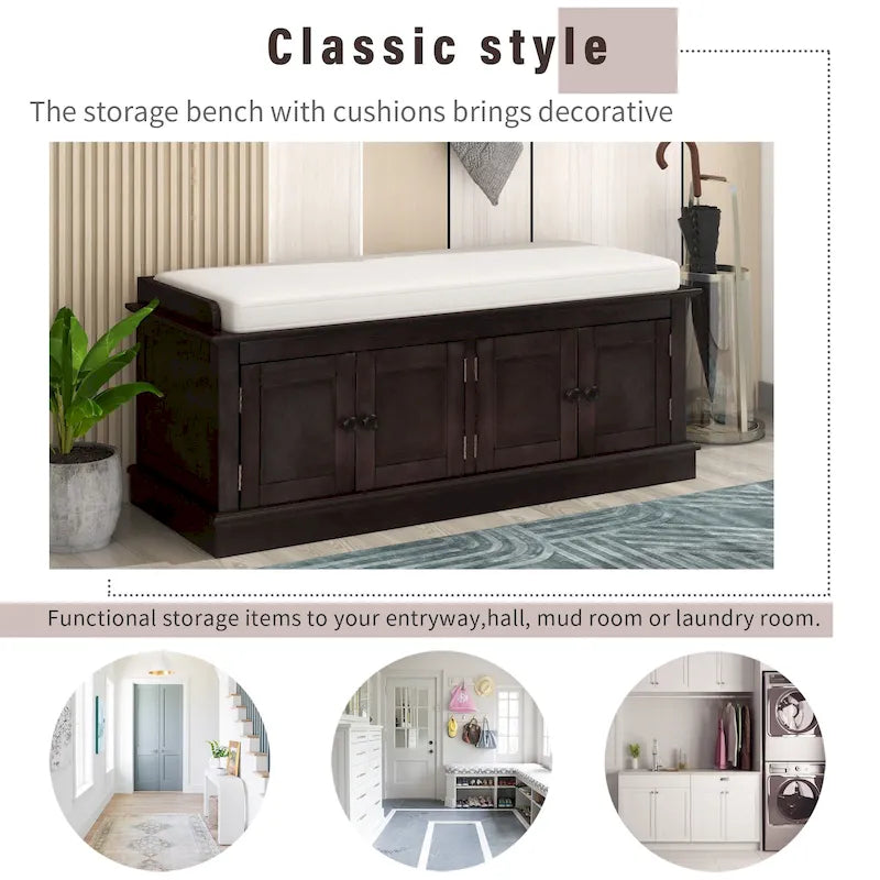 Storage Shoes Bench with 4 Doors and Adjustable Shelves, Removable Cushion