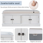 Storage Shoes Bench with 4 Doors and Adjustable Shelves, Removable Cushion