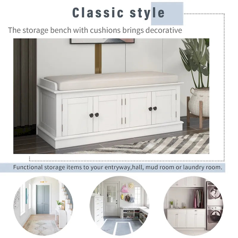 Storage Shoes Bench with 4 Doors and Adjustable Shelves, Removable Cushion