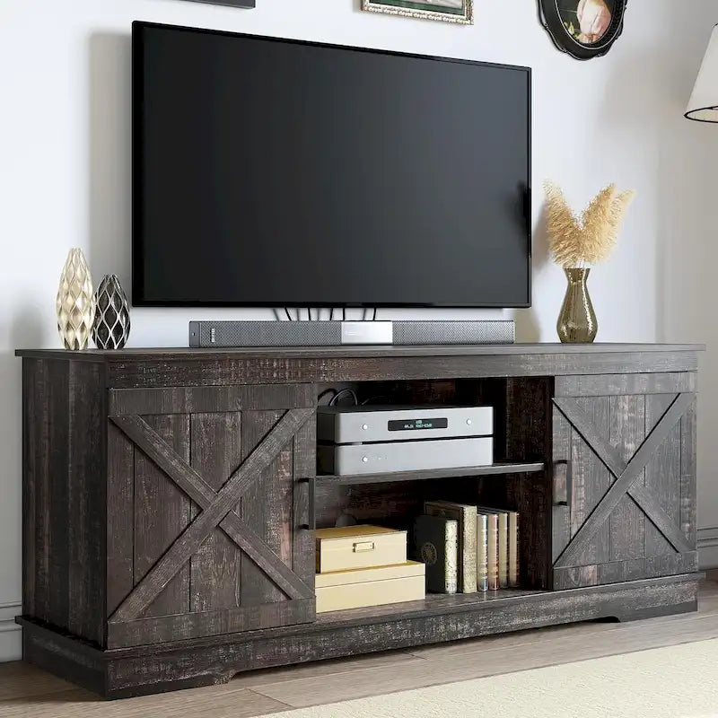 Farmhouse TV Stand with Sliding Barn Door, Media Console with Storage Cabinets, Fits TVs up to 65in