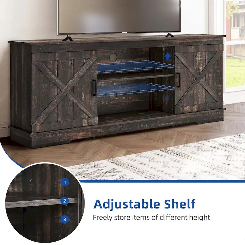 Farmhouse TV Stand with Sliding Barn Door, Media Console with Storage Cabinets, Fits TVs up to 65in