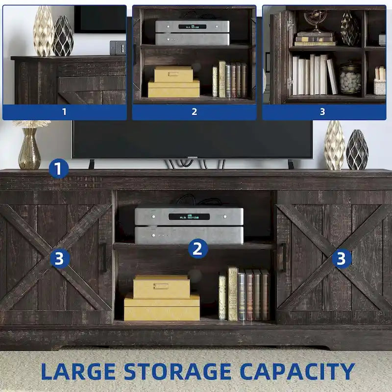 Farmhouse TV Stand with Sliding Barn Door, Media Console with Storage Cabinets, Fits TVs up to 65in
