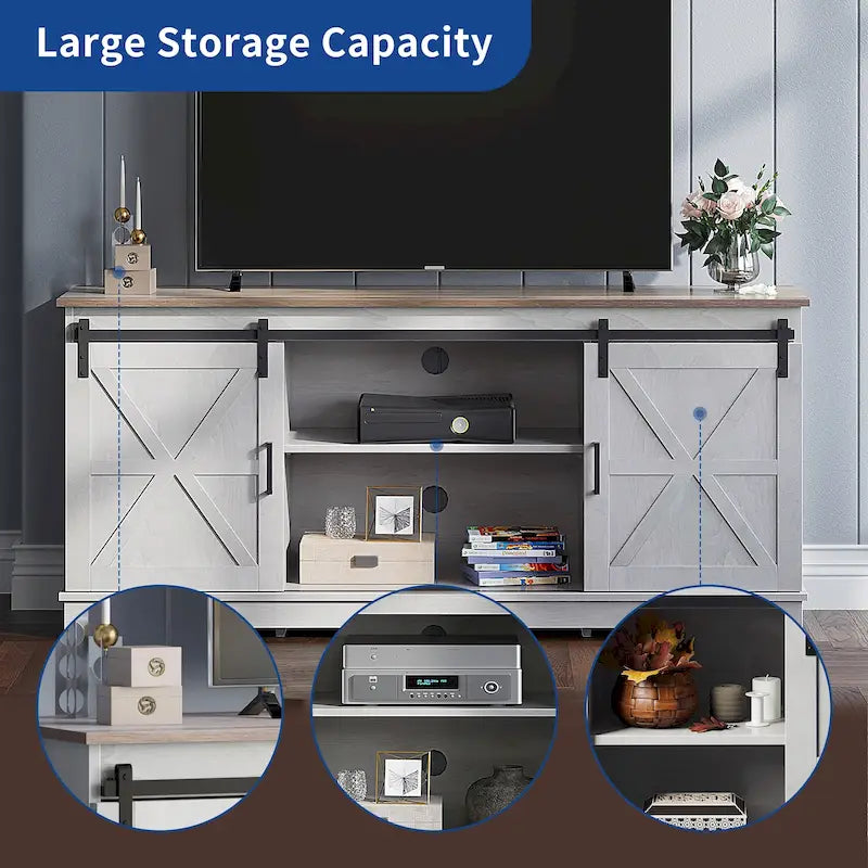 Farmhouse TV Stand with Sliding Barn Door, Media Console with Storage Cabinets, Fits TVs up to 65in
