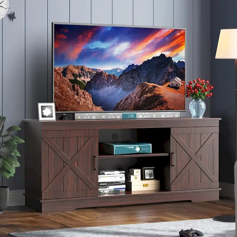 Farmhouse TV Stand with Sliding Barn Door, Media Console with Storage Cabinets, Fits TVs up to 65in