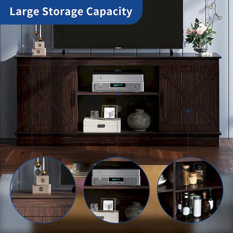 Farmhouse TV Stand with Sliding Barn Door, Media Console with Storage Cabinets, Fits TVs up to 65in