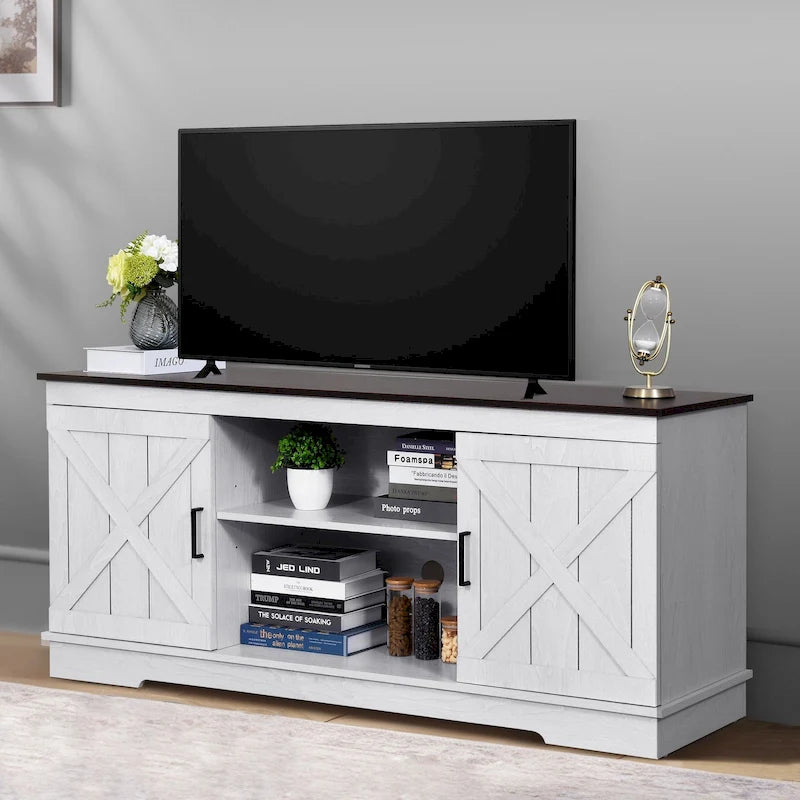 Farmhouse TV Stand with Sliding Barn Door, Media Console with Storage Cabinets, Fits TVs up to 65in