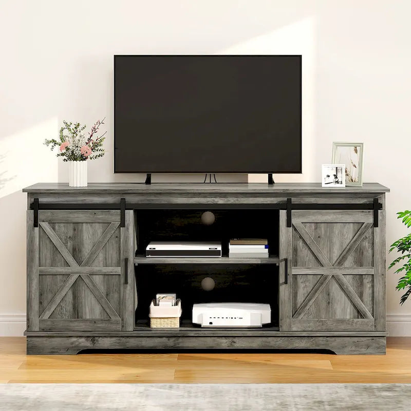 Farmhouse TV Stand with Sliding Barn Door, Media Console with Storage Cabinets, Fits TVs up to 65in