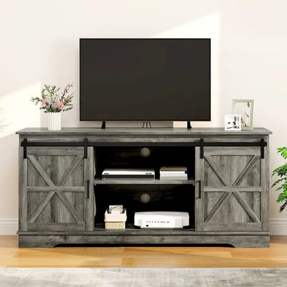 Farmhouse TV Stand with Sliding Barn Doors, Adjustable Shelf, Cord Management, Fits TVs up to 65 in
