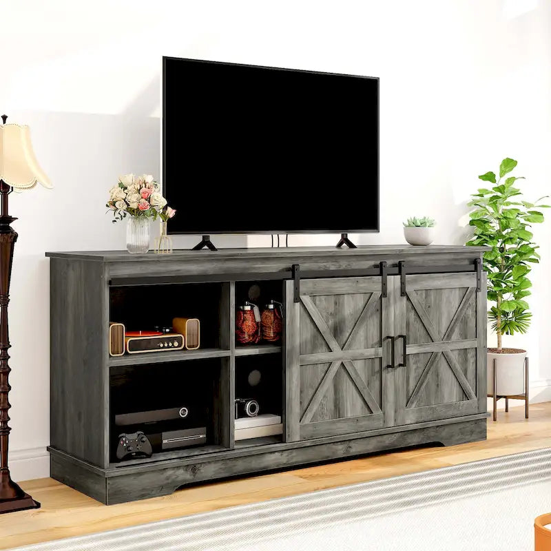 Farmhouse TV Stand with Sliding Barn Door, Media Console with Storage Cabinets, Fits TVs up to 65in