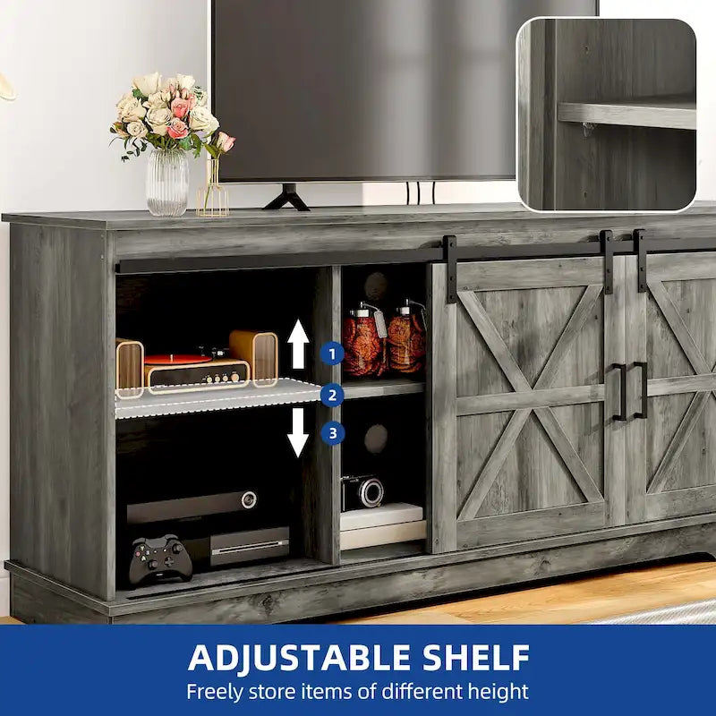 Farmhouse TV Stand with Sliding Barn Door, Media Console with Storage Cabinets, Fits TVs up to 65in
