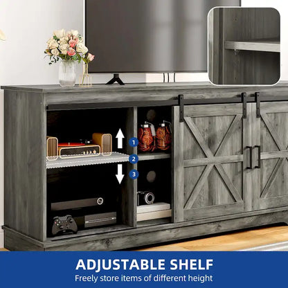 Farmhouse TV Stand with Sliding Barn Doors, Adjustable Shelf, Cord Management, Fits TVs up to 65 in
