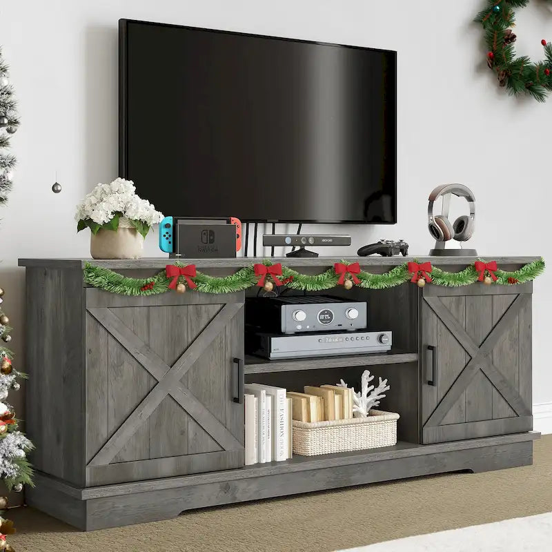 Farmhouse TV Stand with Sliding Barn Door, Media Console with Storage Cabinets, Fits TVs up to 65in