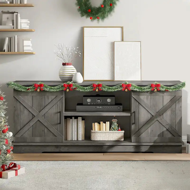 Farmhouse TV Stand with Sliding Barn Door, Media Console with Storage Cabinets, Fits TVs up to 65in