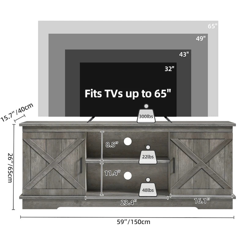 Farmhouse TV Stand with Sliding Barn Door, Media Console with Storage Cabinets, Fits TVs up to 65in