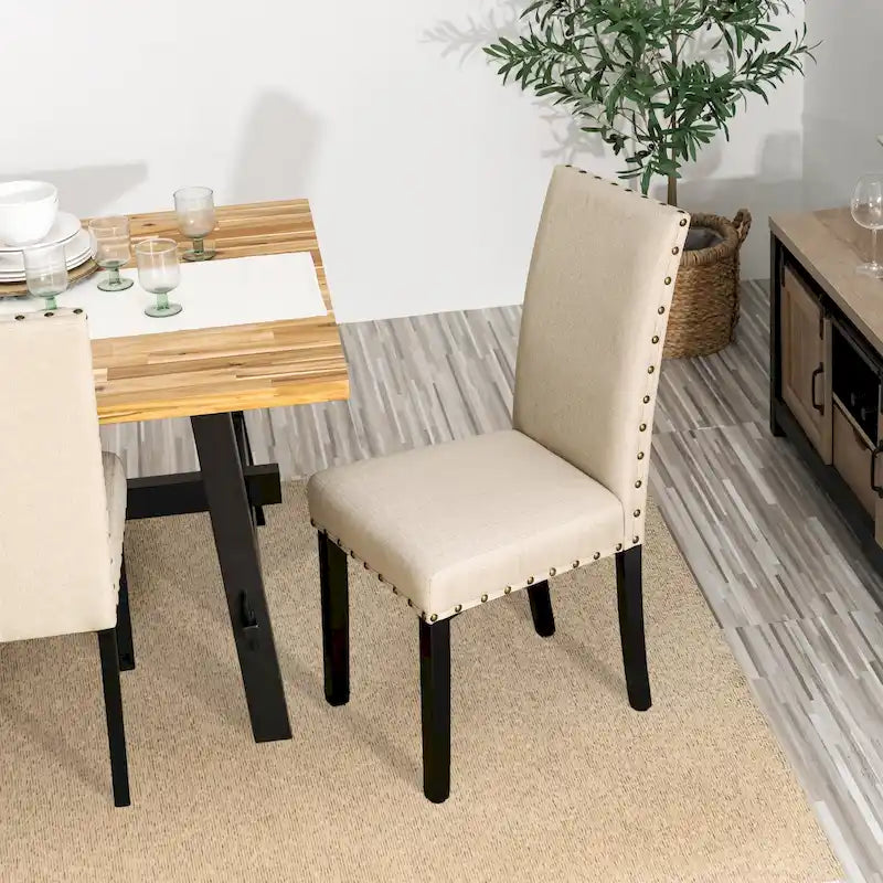 Glitzhome 38H Set of 2 High Back Linen Fabric Studded Dining Chairs with Footpads