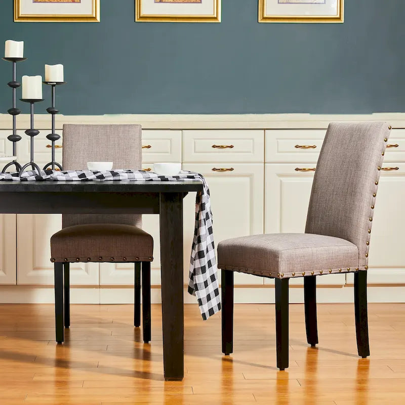 Glitzhome 38H Set of 2 High Back Linen Fabric Studded Dining Chairs with Footpads
