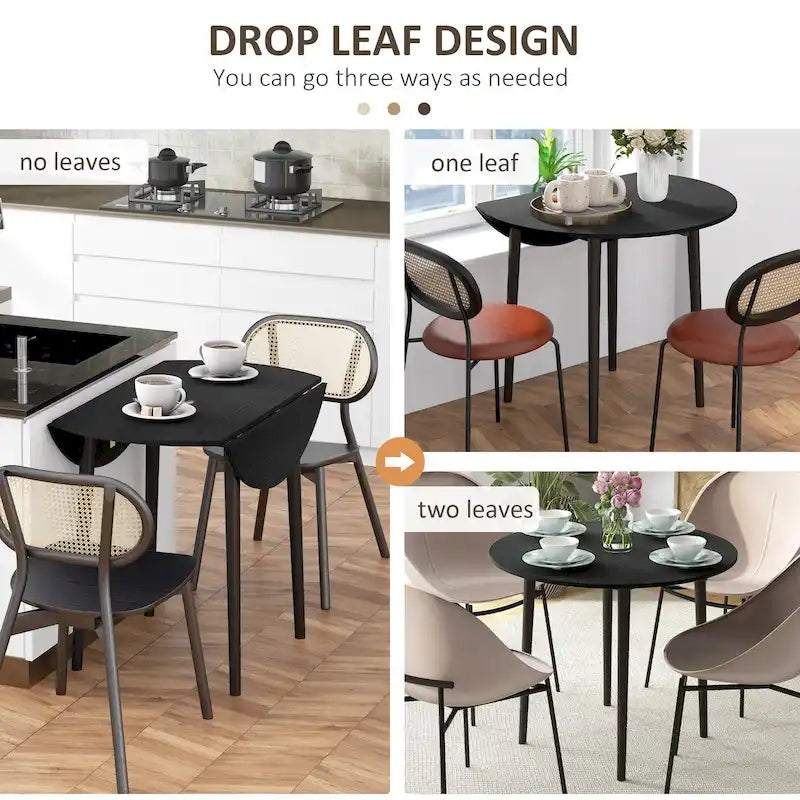 35in Round Folding Dining Table, Collapsible Drop Leaf, Solid Wood Legs, Space-Saving Small Kitchen