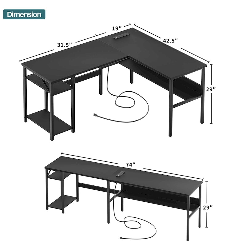 Reversible L Shaped Desk with Storage Shelves, Home Office Corner Desk with Charge Station