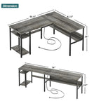 Reversible L Shaped Desk with Storage Shelves, Home Office Corner Desk with Charge Station
