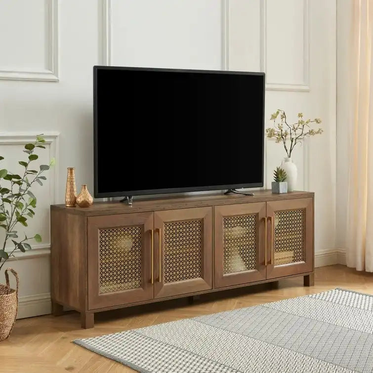 TV Stand Media Console with Rattan Doors, 69.5 in, Fits TVs up to 78 in, MDF with Cable Management