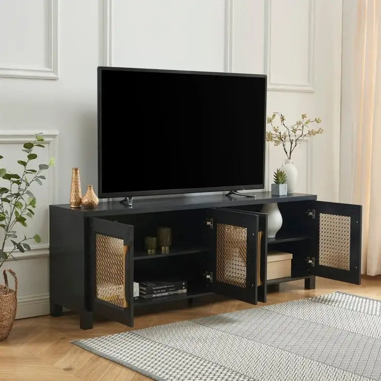 TV Stand Media Console with Rattan Doors, 69.5 in, Fits TVs up to 78 in, MDF with Cable Management